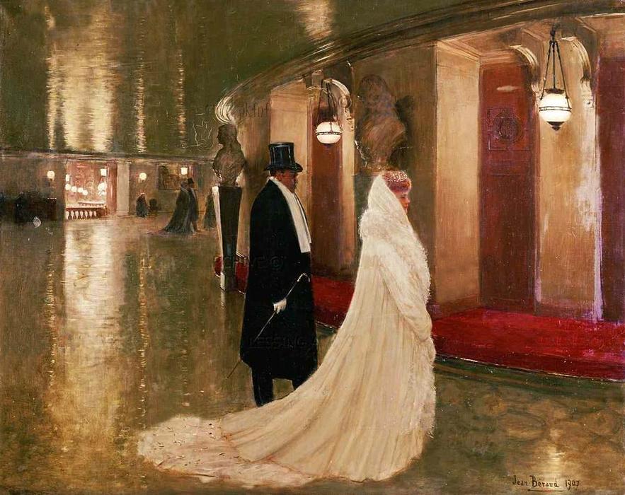 Jean Georges Béraud, „Elegancka para zajmuje miejsce w loży Opery Paryskiej” (1907) © domena publiczna