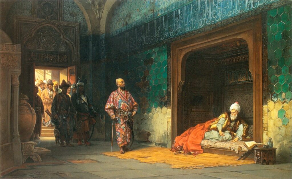 Stanisław Chlebowski, „Sułtan Bajazyt w niewoli u Tamerlana (Timura), 1878 © domena publiczna, Wikimedia Commons