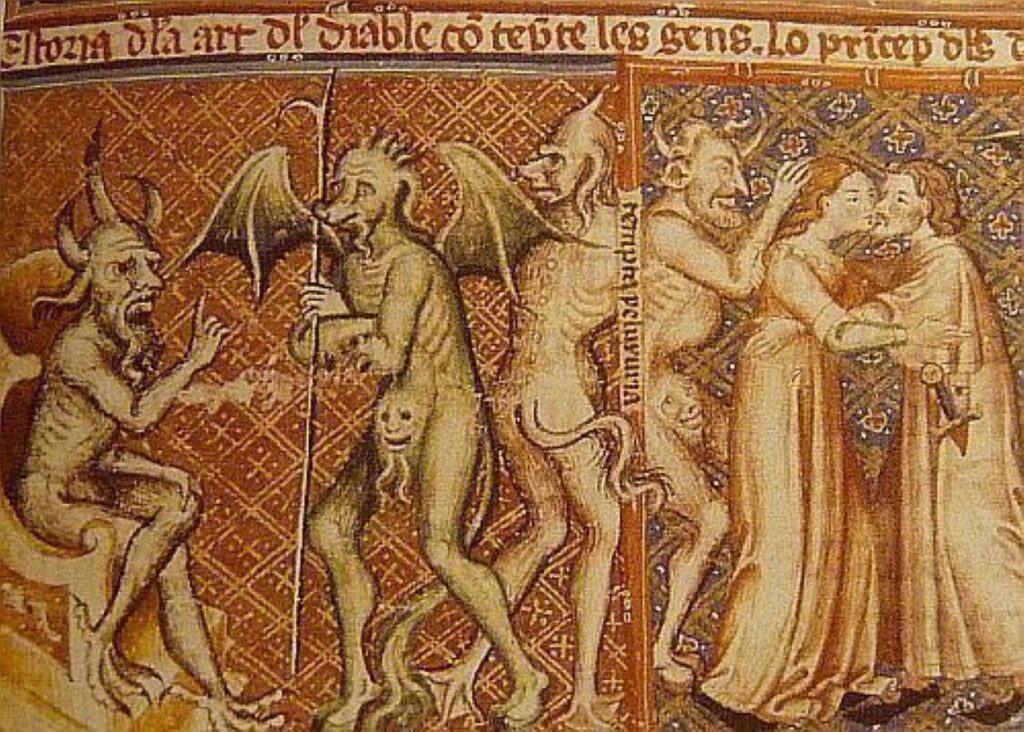 „Lucyfer i diabły zachęcające do lubieżności”, iluminacja z francuskiego „Breviari d'Amor” (XIV wiek) © domena publiczna, Wikimedia Commons