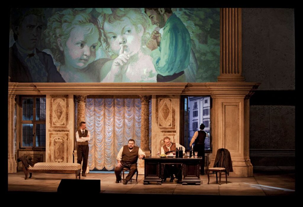 „Tosca” w Staatsoper w Berlinie © Florian Hoffmann (Spoletta), Fabio Sartori (Mario Cavaradossi), Michael Volle (Scarpia), Maximilian Krummen (Sciarrone) © Hermann und Clärchen Baus