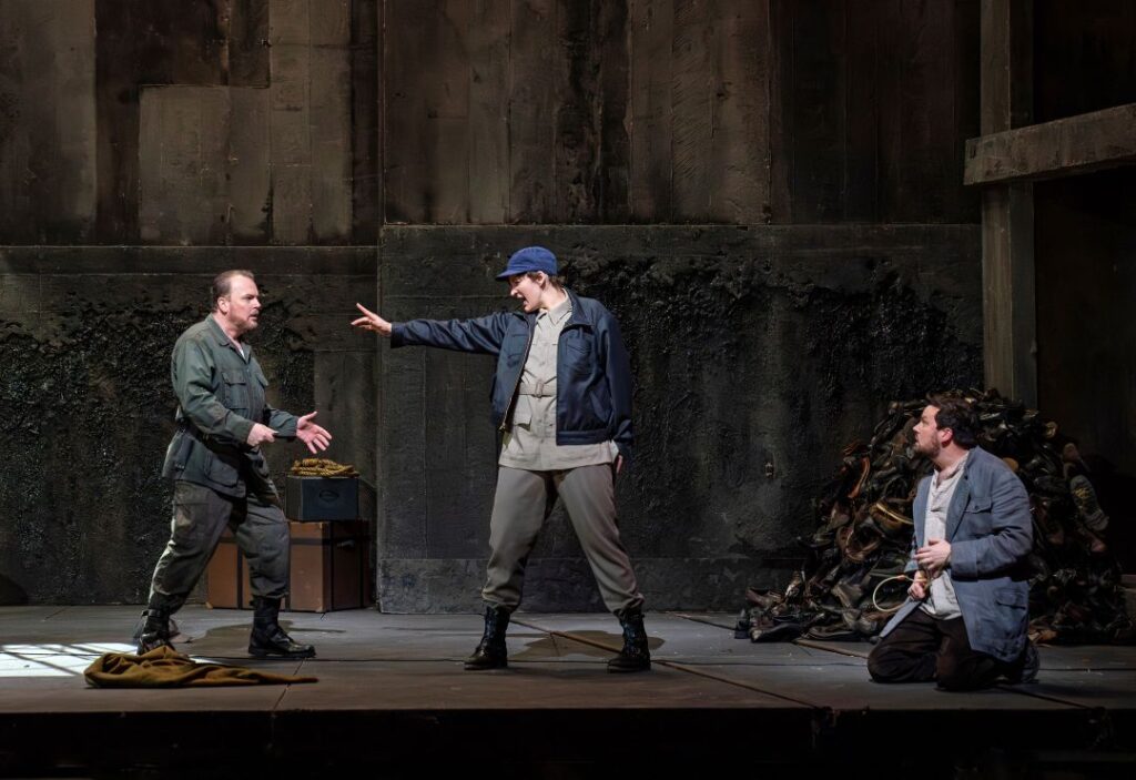 Tomasz Konieczny as Don Pizarro, Lise Davidsen as Leonore, and David Butt Philip as Florestan in Beethoven's "Fidelio." Photo: Karen Almond / Met Opera