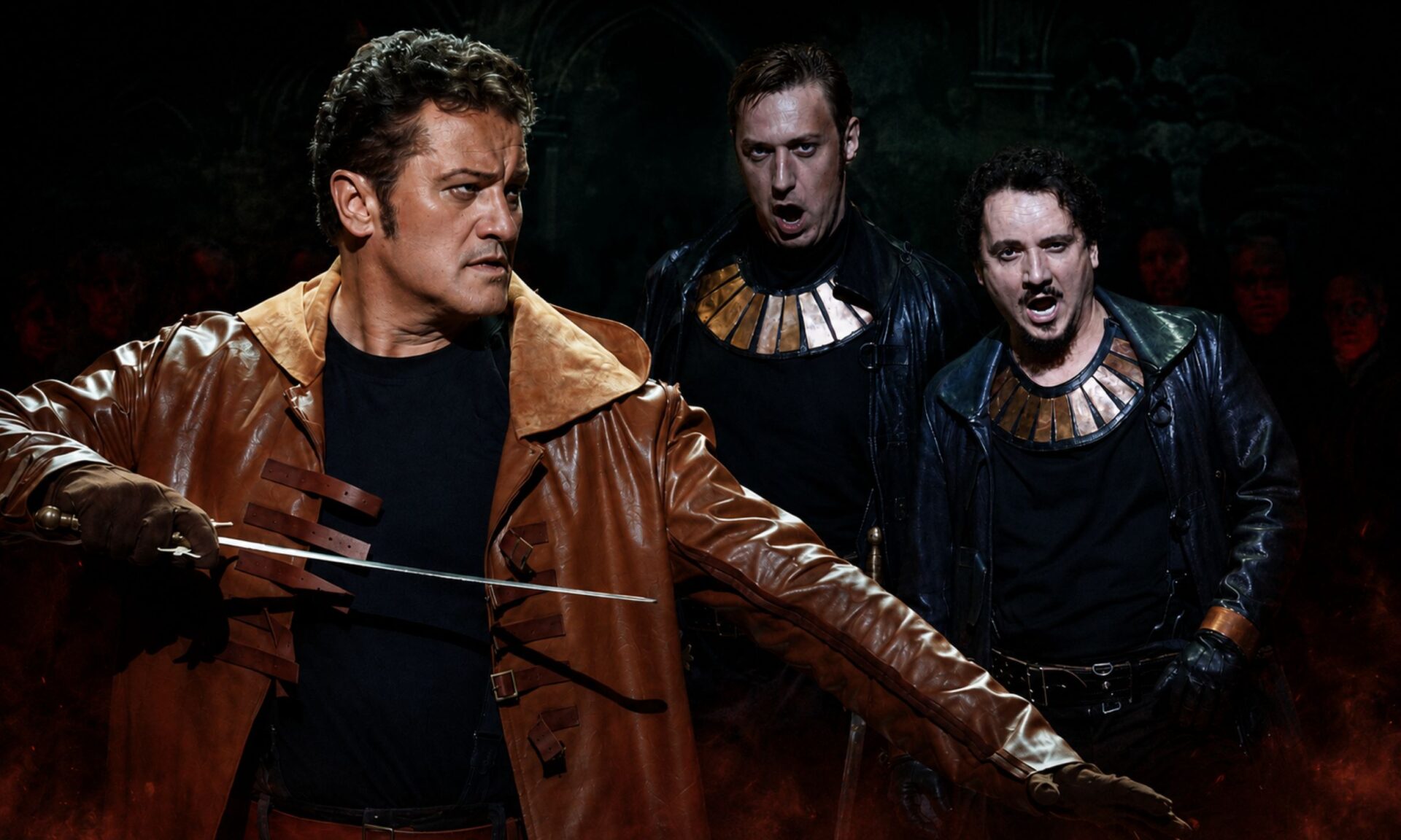 Piotr Beczała (Manrico), Krzysztof Bączyk (Ferrando) i Artur Ruciński (Hrabia Luna) © Javier de Real | Teatro Real